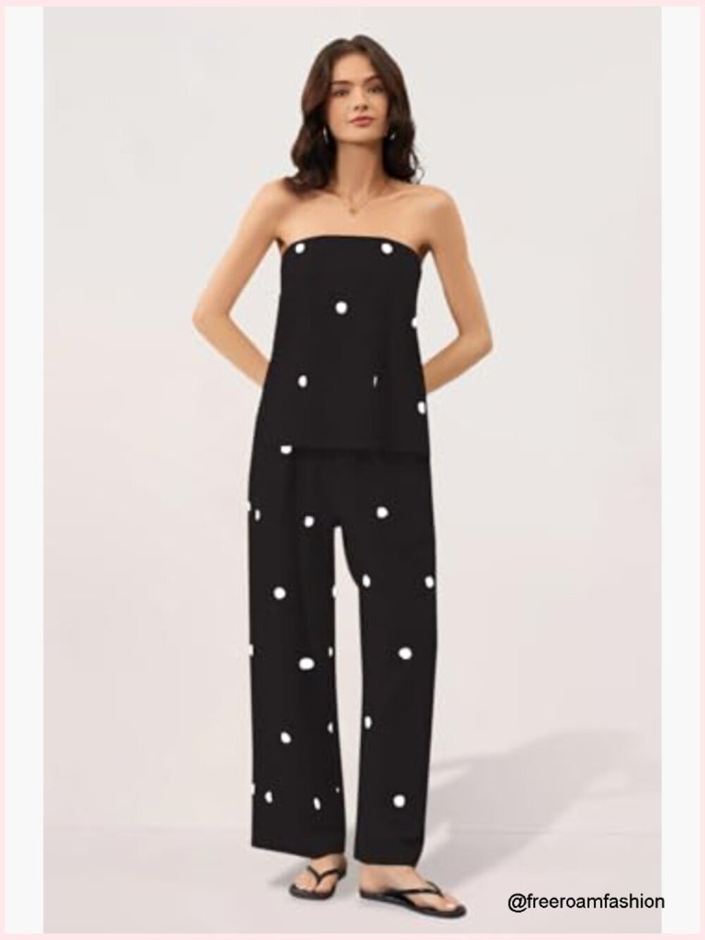 Polka Dot 2 Piece Outfit Strapless Tube Top Wide Leg Pants Summer Set - Picture 4 of 6